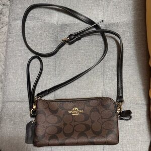 Coach Brown Signature Crossbody Wristlet with Black Strap